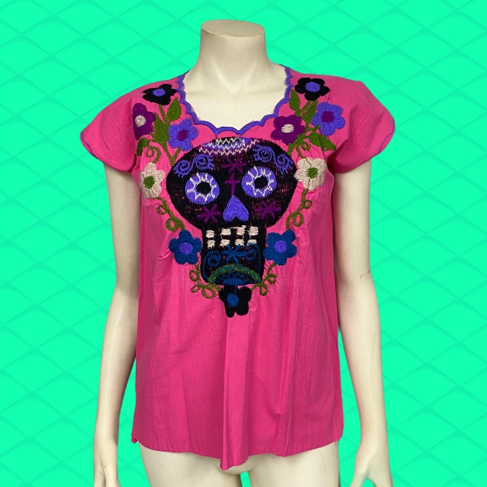 Hand skull embroidered & sewn cotton tunic top.